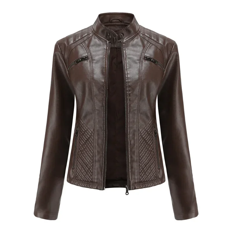 Women coat Autumn New Casual Leather Jacket Standing Collar Long Sleeve Jacket Slim Solid Color Coat Streetwear Zipper Jacket