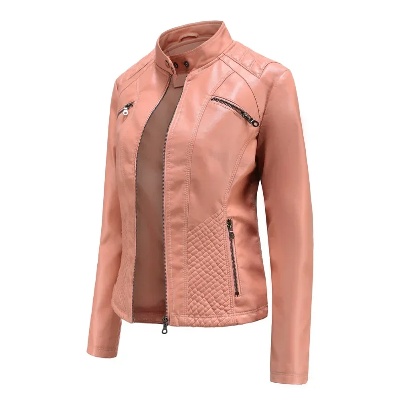 Women coat Autumn New Casual Leather Jacket Standing Collar Long Sleeve Jacket Slim Solid Color Coat Streetwear Zipper Jacket
