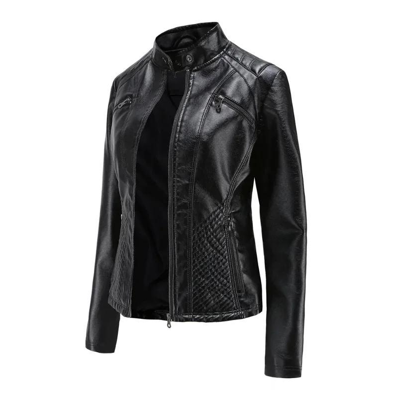 Women coat Autumn New Casual Leather Jacket Standing Collar Long Sleeve Jacket Slim Solid Color Coat Streetwear Zipper Jacket