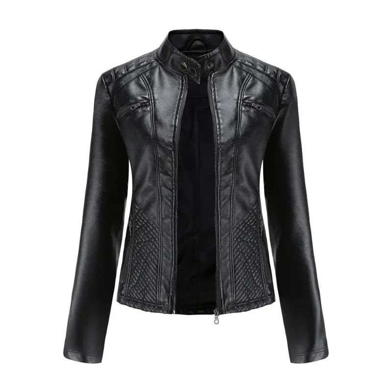 Women coat Autumn New Casual Leather Jacket Standing Collar Long Sleeve Jacket Slim Solid Color Coat Streetwear Zipper Jacket