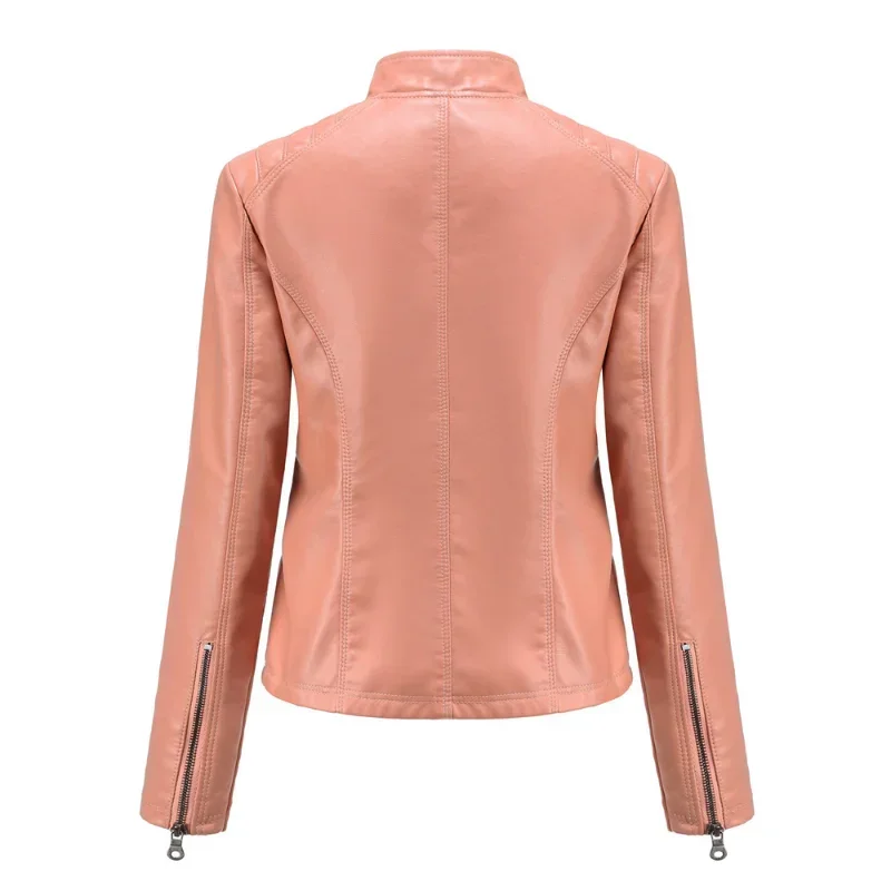 Women coat Autumn New Casual Leather Jacket Standing Collar Long Sleeve Jacket Slim Solid Color Coat Streetwear Zipper Jacket