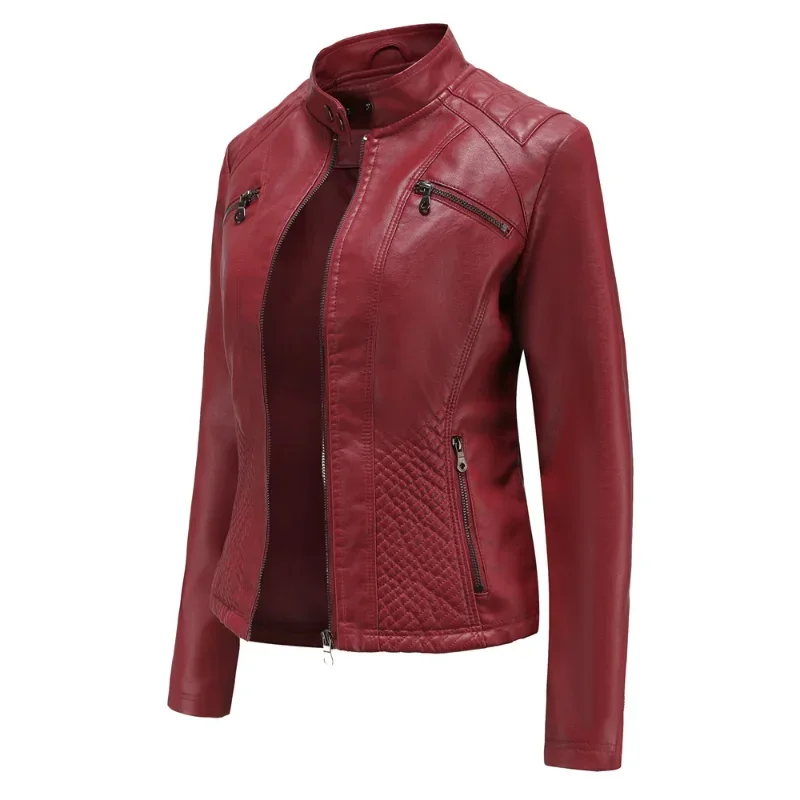 Women coat Autumn New Casual Leather Jacket Standing Collar Long Sleeve Jacket Slim Solid Color Coat Streetwear Zipper Jacket