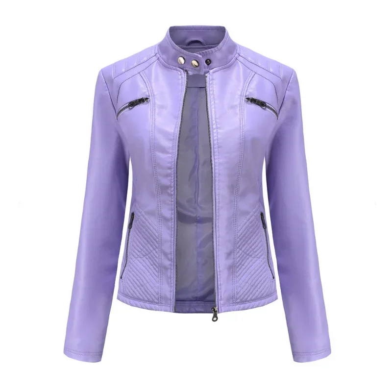 Women coat Autumn New Casual Leather Jacket Standing Collar Long Sleeve Jacket Slim Solid Color Coat Streetwear Zipper Jacket