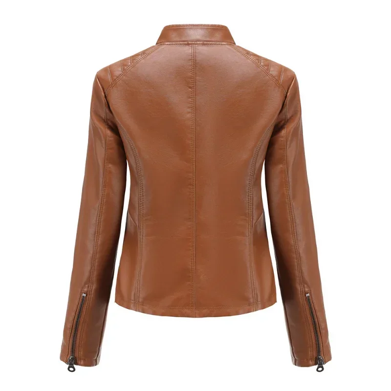 Women coat Autumn New Casual Leather Jacket Standing Collar Long Sleeve Jacket Slim Solid Color Coat Streetwear Zipper Jacket
