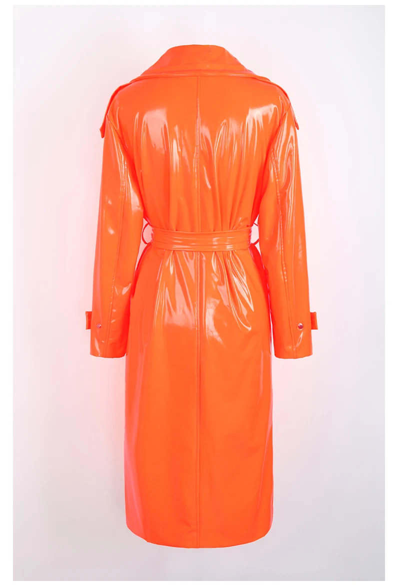 Nerazzurri Autumn Long Loose White Orange Shiny Reflective Patent Leather Trench Coat for Women Sashes Single Breasted Fashion