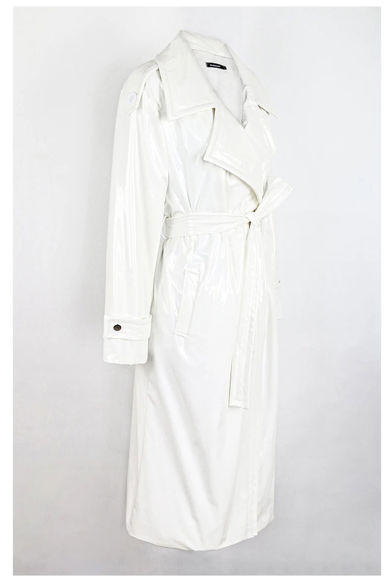 Nerazzurri Autumn Long Loose White Orange Shiny Reflective Patent Leather Trench Coat for Women Sashes Single Breasted Fashion