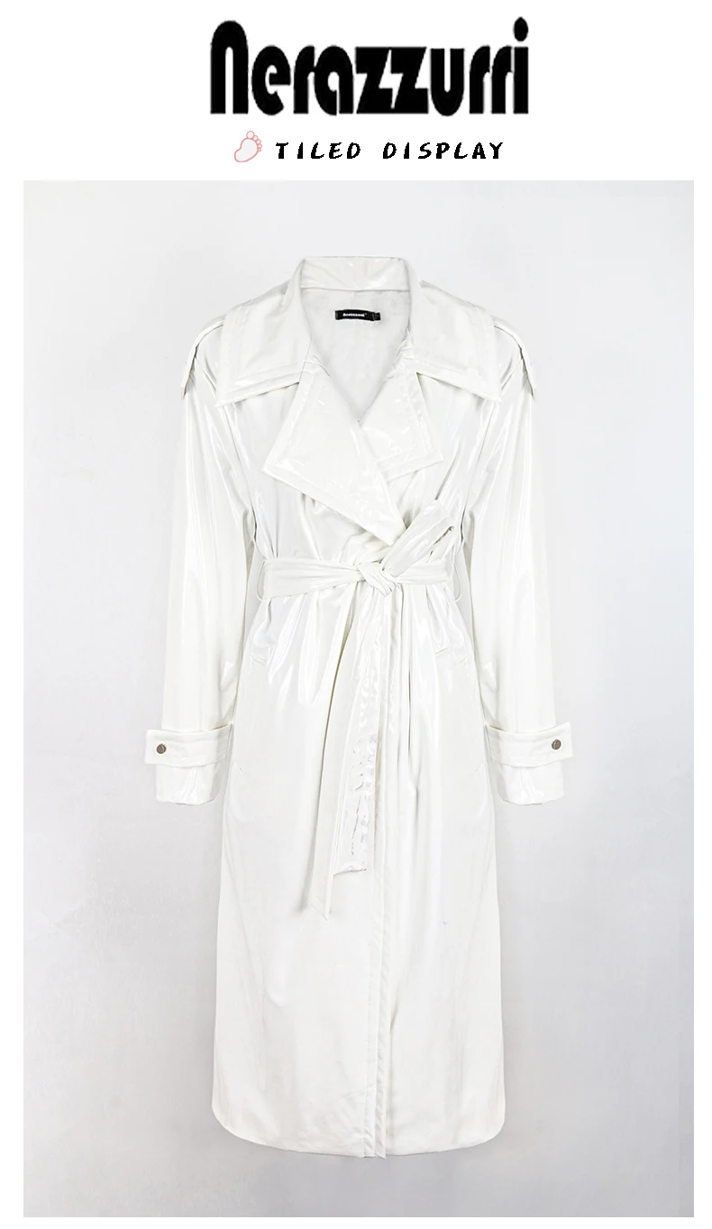 Nerazzurri Autumn Long Loose White Orange Shiny Reflective Patent Leather Trench Coat for Women Sashes Single Breasted Fashion