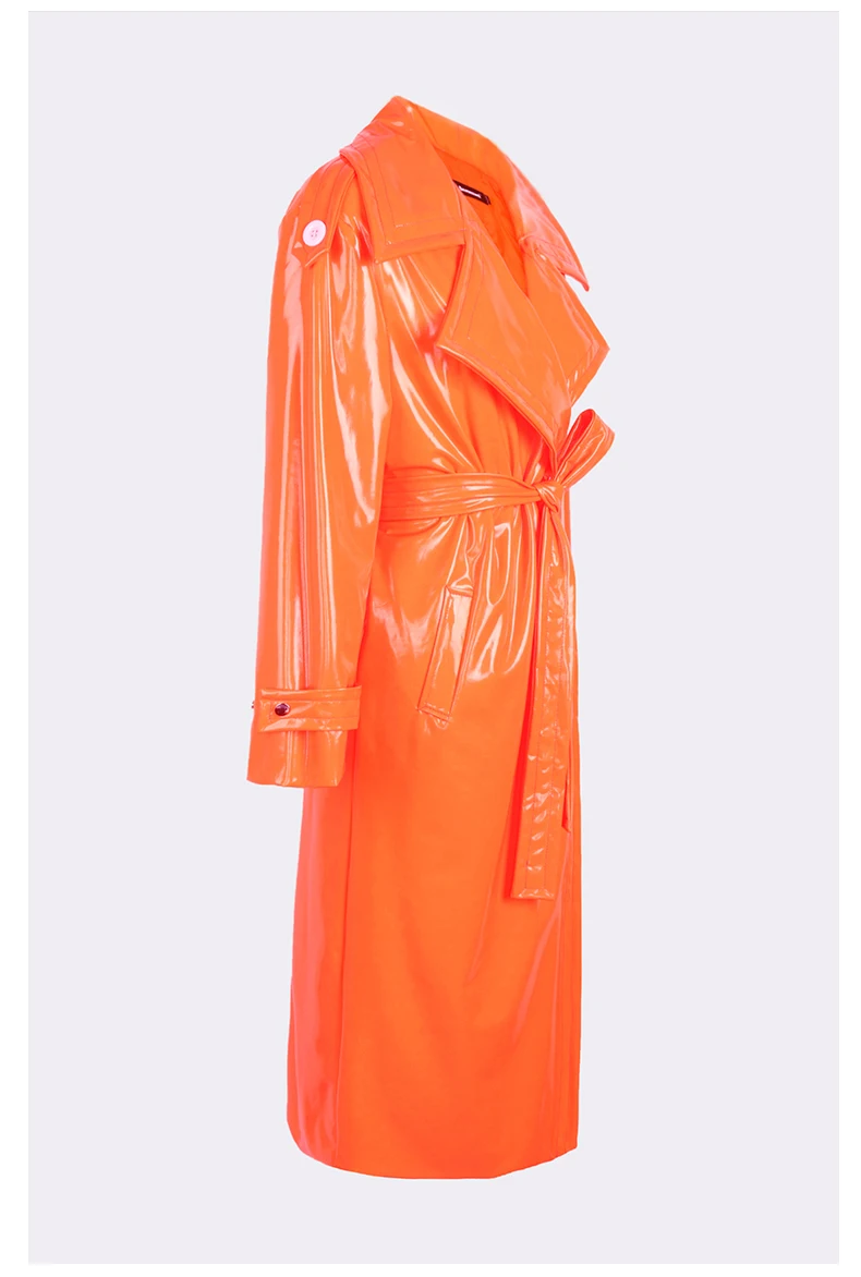 Nerazzurri Autumn Long Loose White Orange Shiny Reflective Patent Leather Trench Coat for Women Sashes Single Breasted Fashion