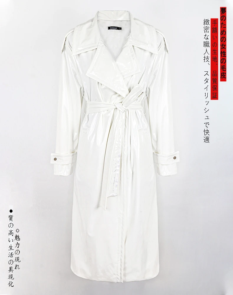 Nerazzurri Autumn Long Loose White Orange Shiny Reflective Patent Leather Trench Coat for Women Sashes Single Breasted Fashion