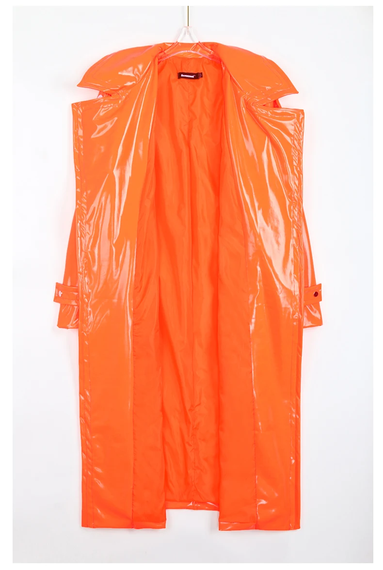Nerazzurri Autumn Long Loose White Orange Shiny Reflective Patent Leather Trench Coat for Women Sashes Single Breasted Fashion