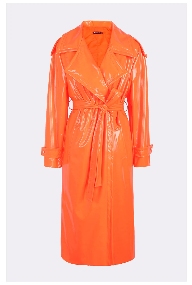 Nerazzurri Autumn Long Loose White Orange Shiny Reflective Patent Leather Trench Coat for Women Sashes Single Breasted Fashion