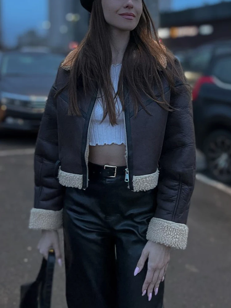 Ailegogo Winter Women Streetwear Faux Lamb Leather Fur Short Jacket with Belt Moto Biker Thick Warm Sheepskin Coat Outwear