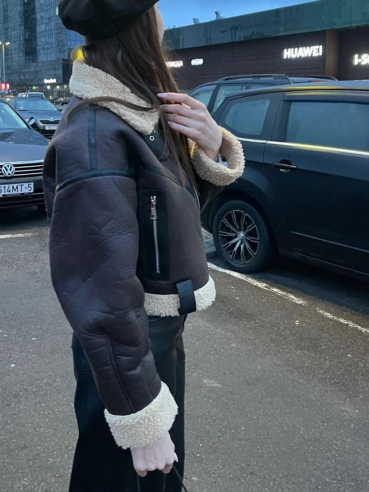Ailegogo Winter Women Streetwear Faux Lamb Leather Fur Short Jacket with Belt Moto Biker Thick Warm Sheepskin Coat Outwear