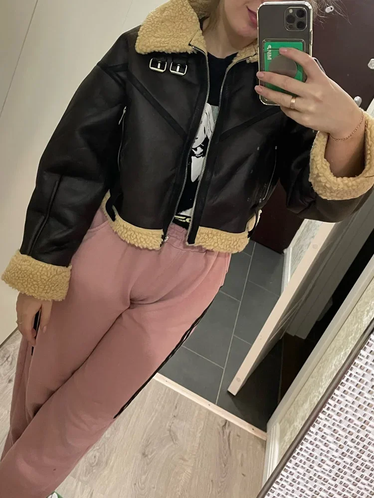 Ailegogo Winter Women Streetwear Faux Lamb Leather Fur Short Jacket with Belt Moto Biker Thick Warm Sheepskin Coat Outwear