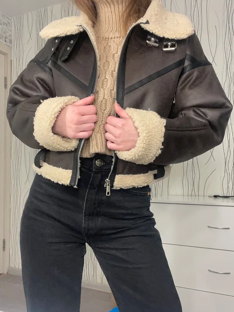 Ailegogo Winter Women Streetwear Faux Lamb Leather Fur Short Jacket with Belt Moto Biker Thick Warm Sheepskin Coat Outwear