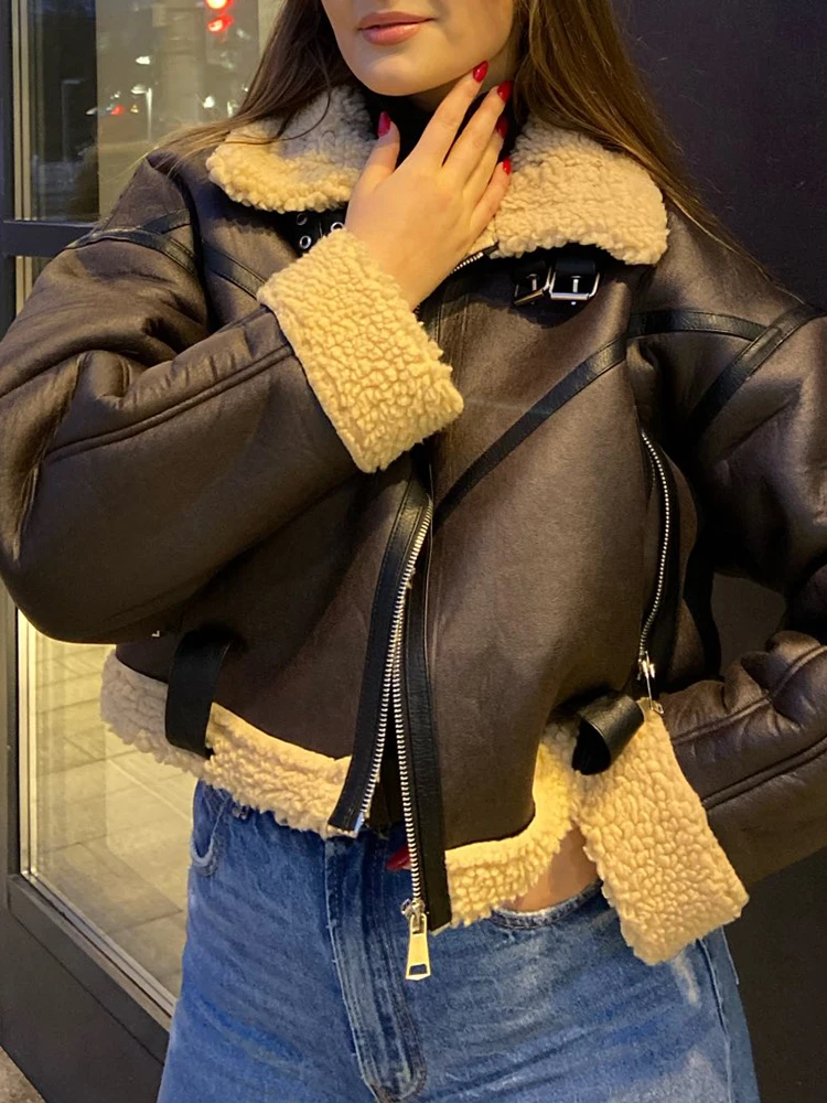 Ailegogo Winter Women Streetwear Faux Lamb Leather Fur Short Jacket with Belt Moto Biker Thick Warm Sheepskin Coat Outwear
