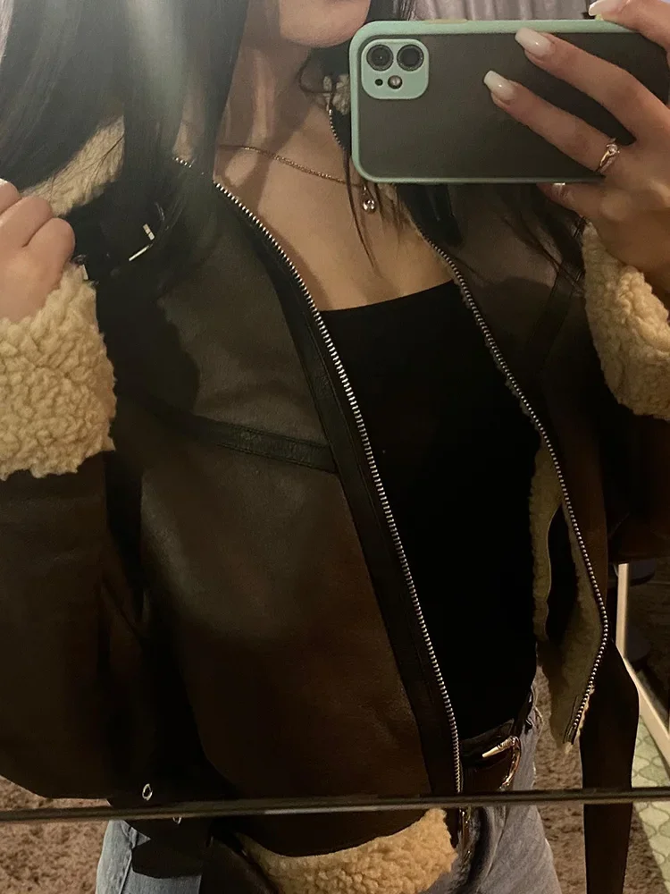 Ailegogo Winter Women Streetwear Faux Lamb Leather Fur Short Jacket with Belt Moto Biker Thick Warm Sheepskin Coat Outwear