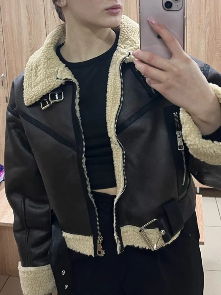 Ailegogo Winter Women Streetwear Faux Lamb Leather Fur Short Jacket with Belt Moto Biker Thick Warm Sheepskin Coat Outwear