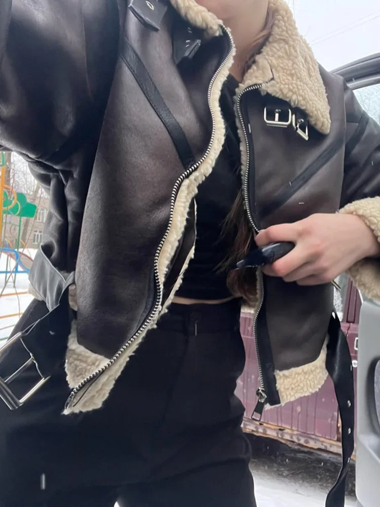 Ailegogo Winter Women Streetwear Faux Lamb Leather Fur Short Jacket with Belt Moto Biker Thick Warm Sheepskin Coat Outwear