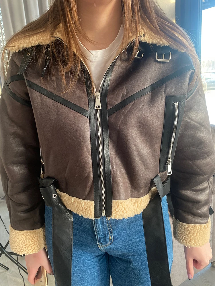 Ailegogo Winter Women Streetwear Faux Lamb Leather Fur Short Jacket with Belt Moto Biker Thick Warm Sheepskin Coat Outwear