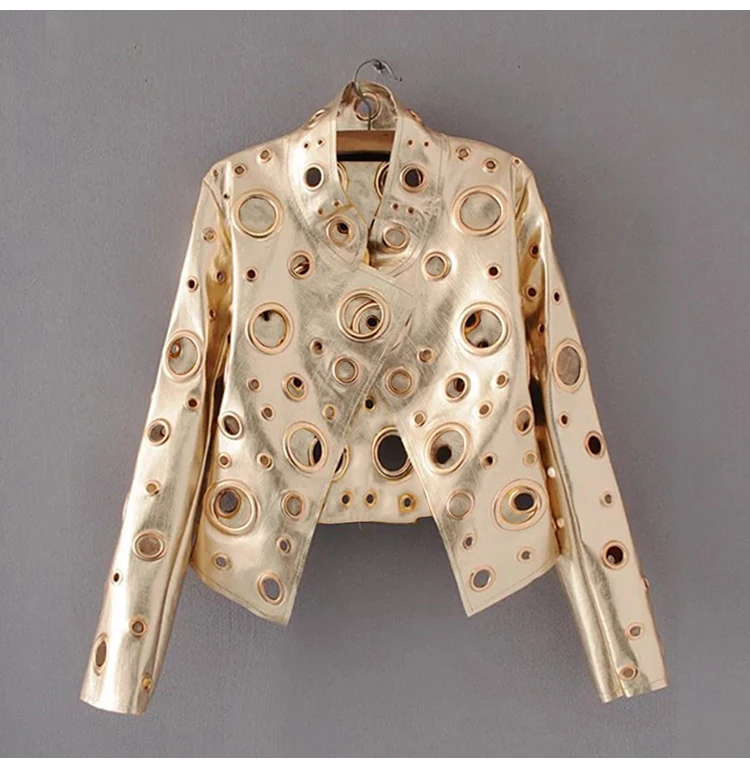 Lautaro Runway Cut Out Short Faux Leather Jacket Golden Rivet Cool Stylish Designer Clothes Women European American Fashion 2022