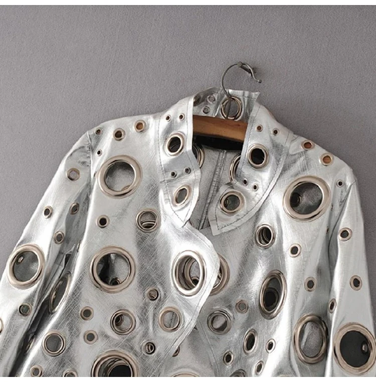 Lautaro Runway Cut Out Short Faux Leather Jacket Golden Rivet Cool Stylish Designer Clothes Women European American Fashion 2022