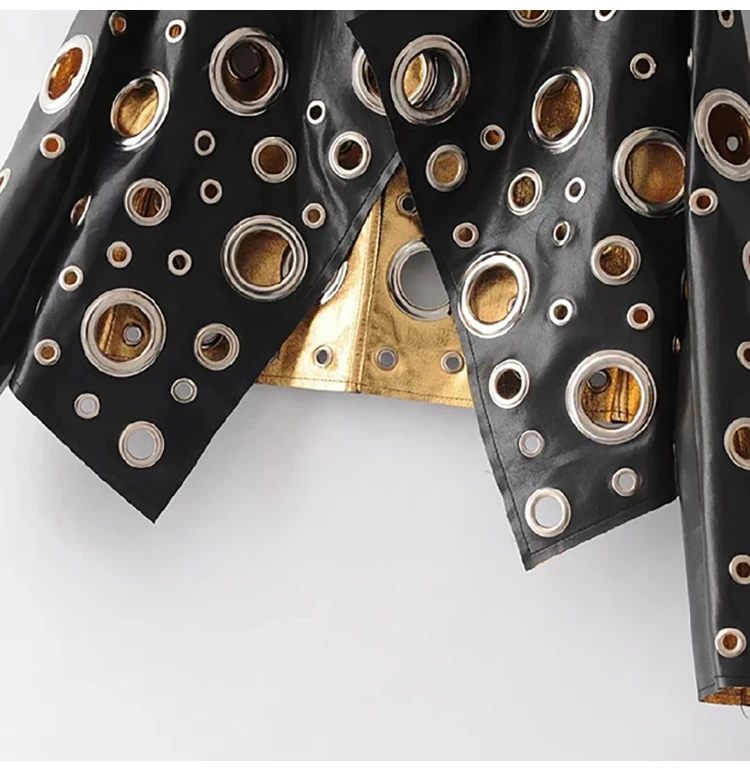 Lautaro Runway Cut Out Short Faux Leather Jacket Golden Rivet Cool Stylish Designer Clothes Women European American Fashion 2022