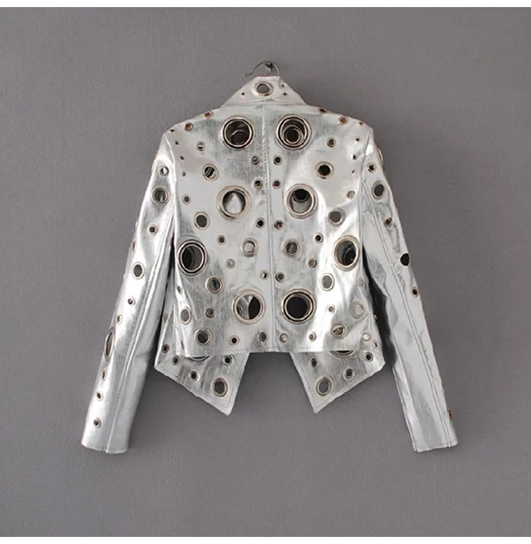 Lautaro Runway Cut Out Short Faux Leather Jacket Golden Rivet Cool Stylish Designer Clothes Women European American Fashion 2022