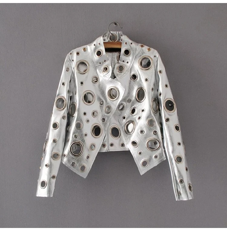 Lautaro Runway Cut Out Short Faux Leather Jacket Golden Rivet Cool Stylish Designer Clothes Women European American Fashion 2022