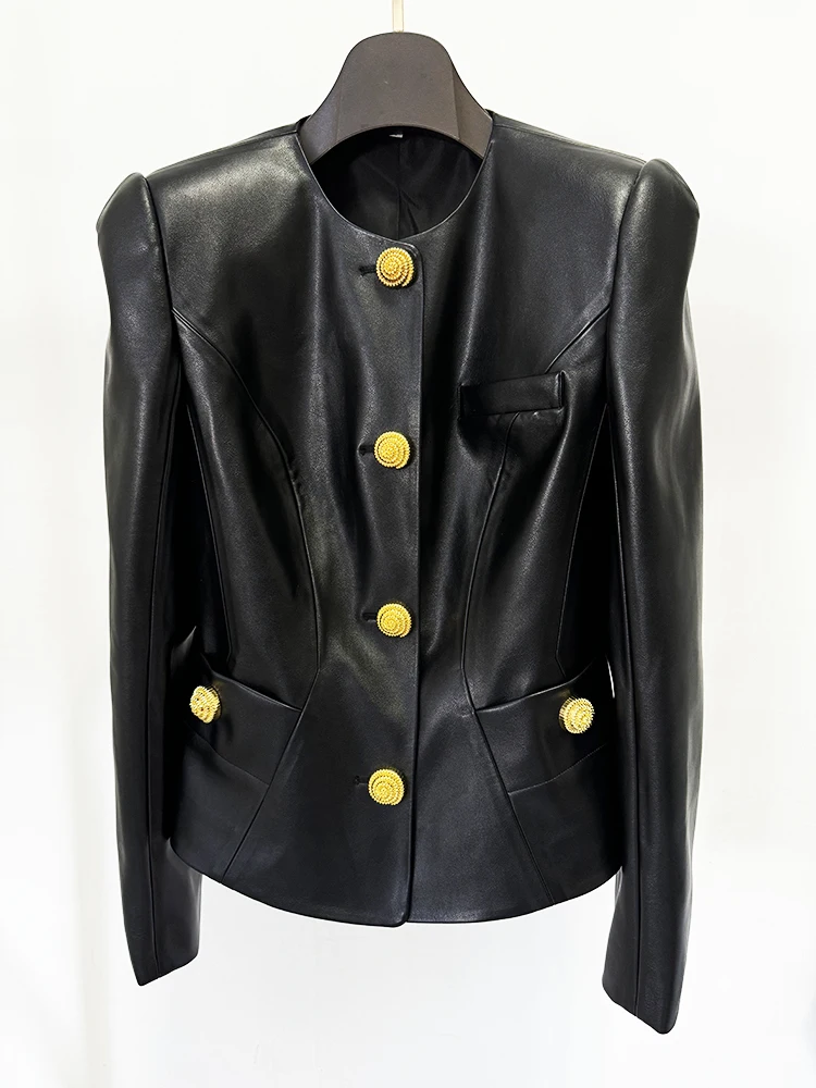 HIGH STREET Newest 2026 Designer Jacket Women's Slim Fitting Snail Button Artificial Leather Blazer