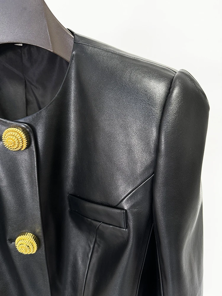 HIGH STREET Newest 2026 Designer Jacket Women's Slim Fitting Snail Button Artificial Leather Blazer