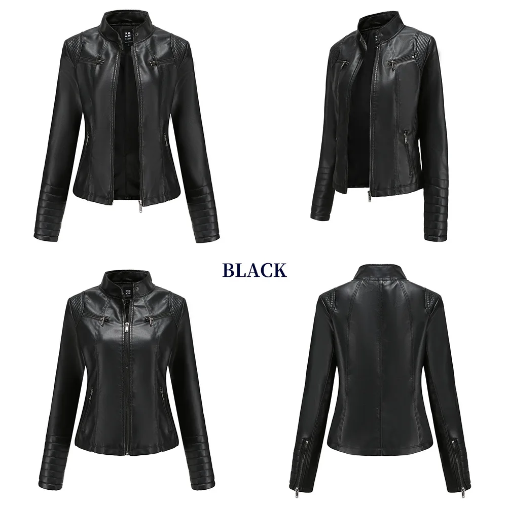 Faux Leather Motorcycle Jacket for Women, Female Coat, Moto Biker, Purple, Black, Zipper windproof jacket leather jacket