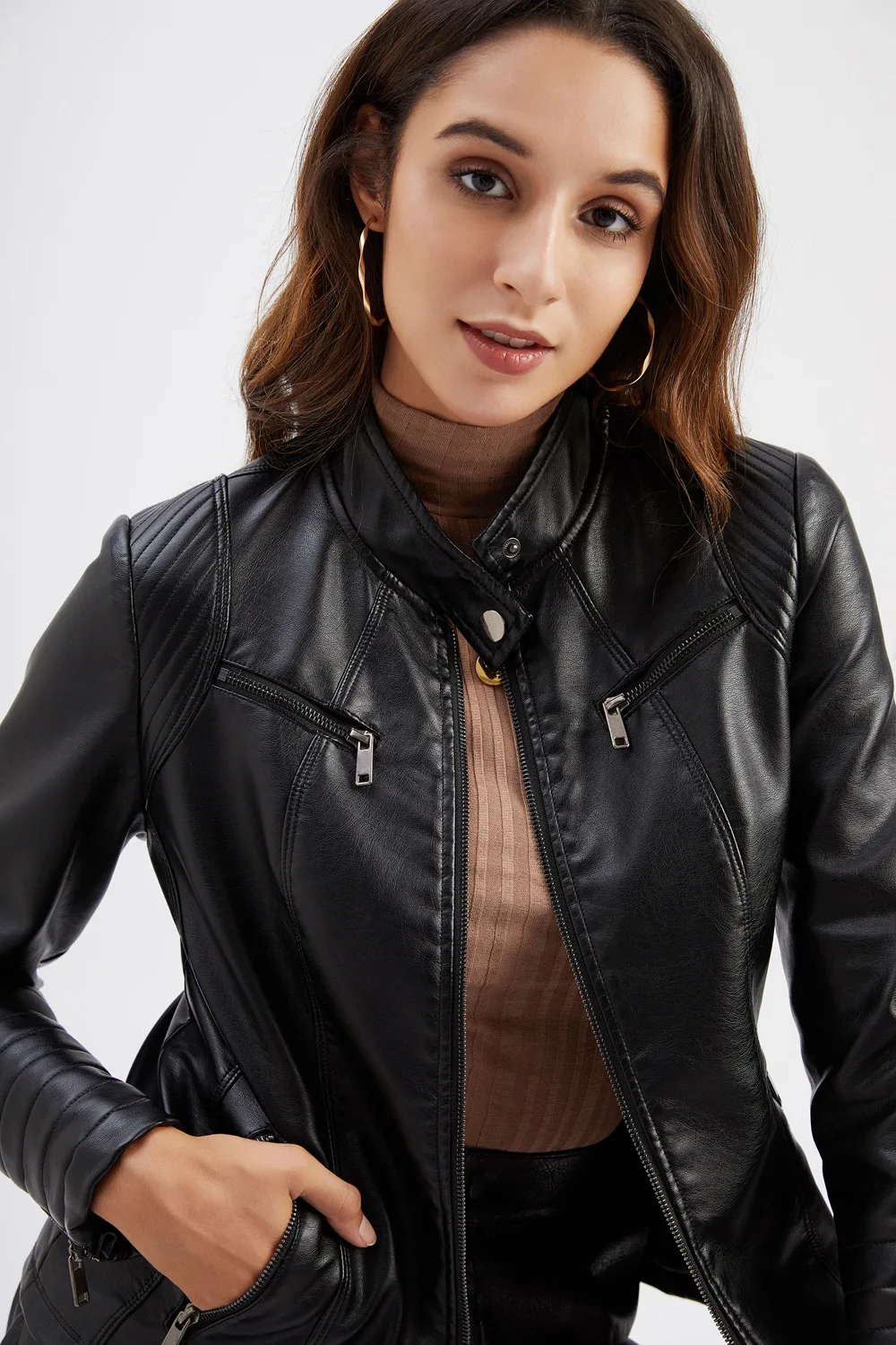 Faux Leather Motorcycle Jacket for Women, Female Coat, Moto Biker, Purple, Black, Zipper windproof jacket leather jacket