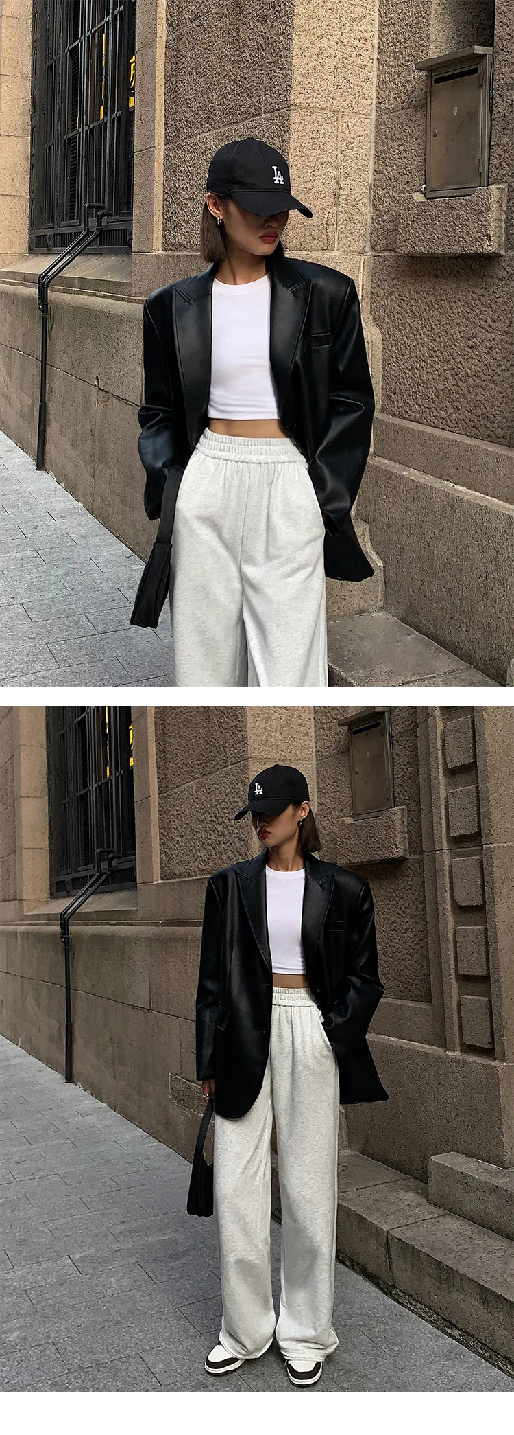 Ladies Fashion Black PU Leather Suit Jacket Spring and Autumn New High-grade Texture Solid Color Loose Small Suit Leather Woman