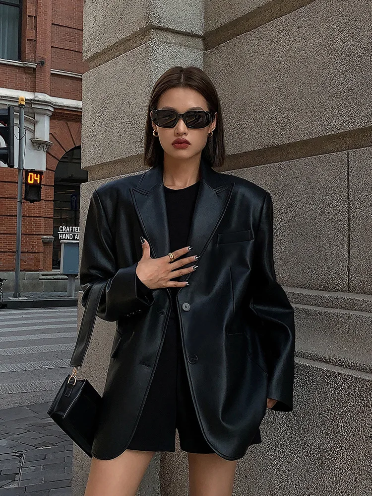 Ladies Fashion Black PU Leather Suit Jacket Spring and Autumn New High-grade Texture Solid Color Loose Small Suit Leather Woman