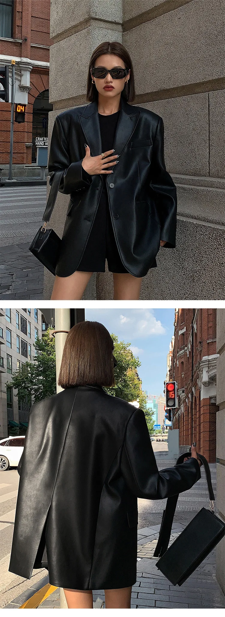 Ladies Fashion Black PU Leather Suit Jacket Spring and Autumn New High-grade Texture Solid Color Loose Small Suit Leather Woman
