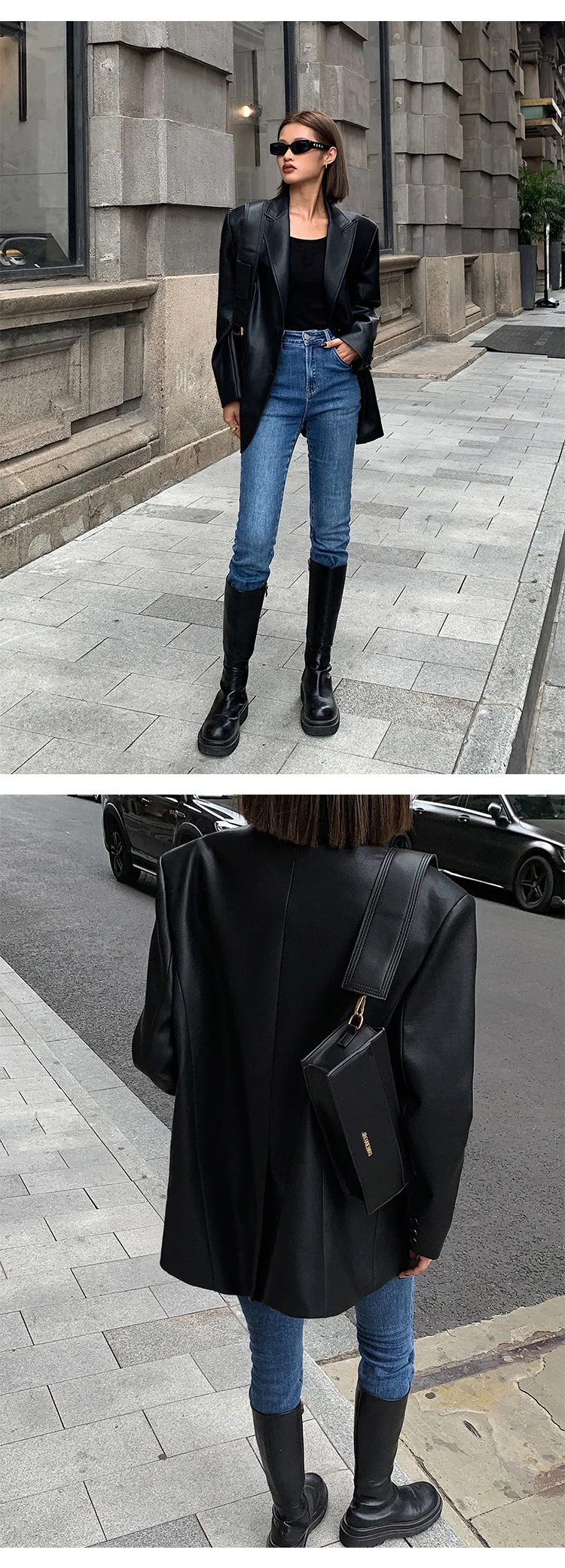 Ladies Fashion Black PU Leather Suit Jacket Spring and Autumn New High-grade Texture Solid Color Loose Small Suit Leather Woman