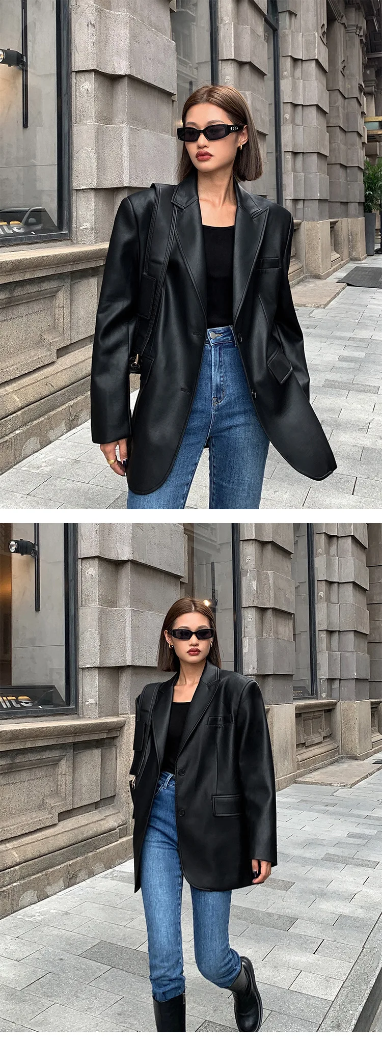 Ladies Fashion Black PU Leather Suit Jacket Spring and Autumn New High-grade Texture Solid Color Loose Small Suit Leather Woman