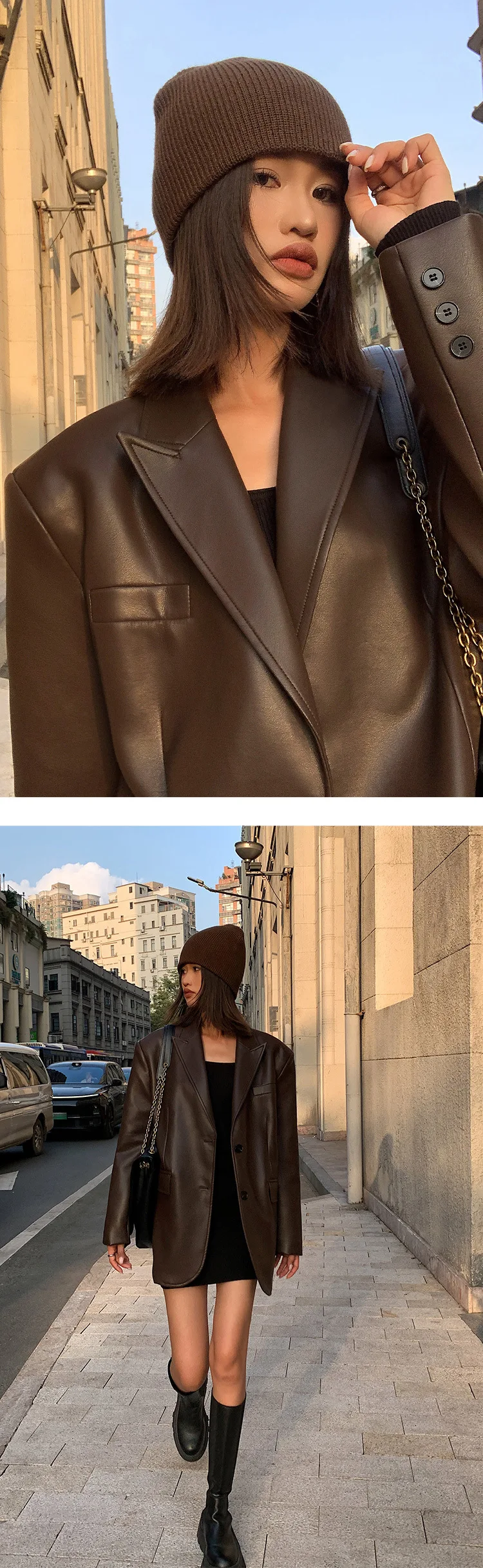Ladies Fashion Black PU Leather Suit Jacket Spring and Autumn New High-grade Texture Solid Color Loose Small Suit Leather Woman