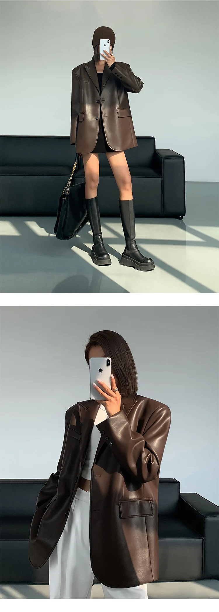 Ladies Fashion Black PU Leather Suit Jacket Spring and Autumn New High-grade Texture Solid Color Loose Small Suit Leather Woman