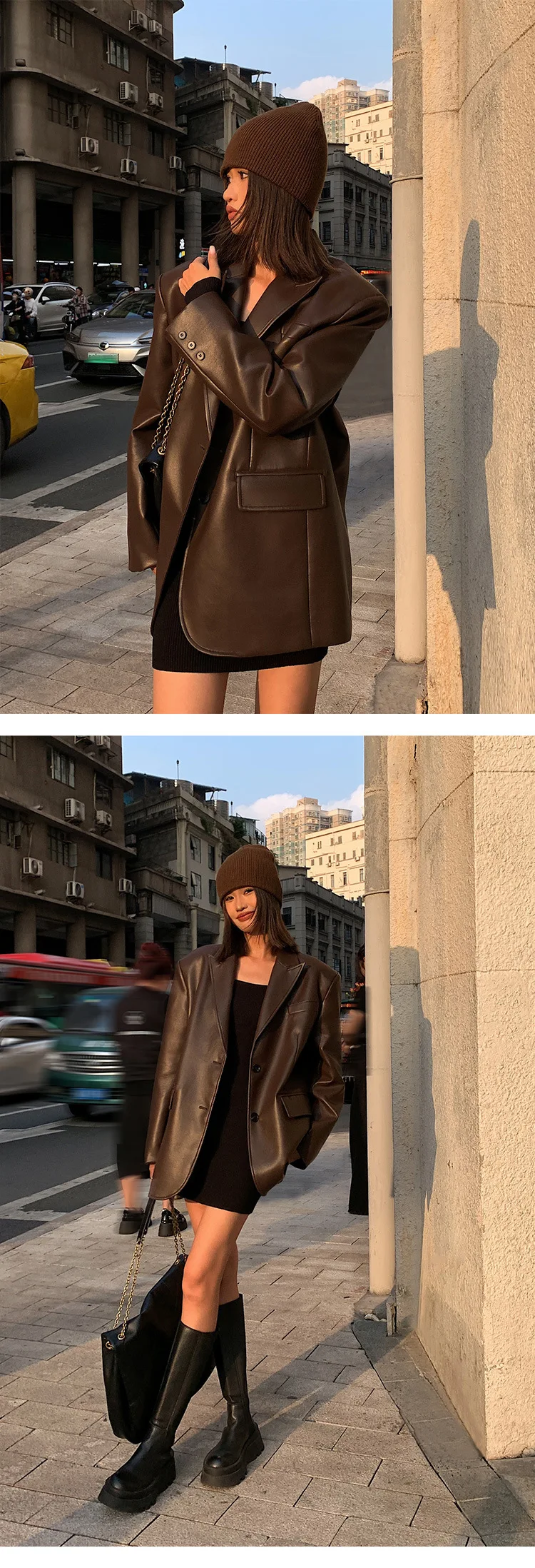 Ladies Fashion Black PU Leather Suit Jacket Spring and Autumn New High-grade Texture Solid Color Loose Small Suit Leather Woman