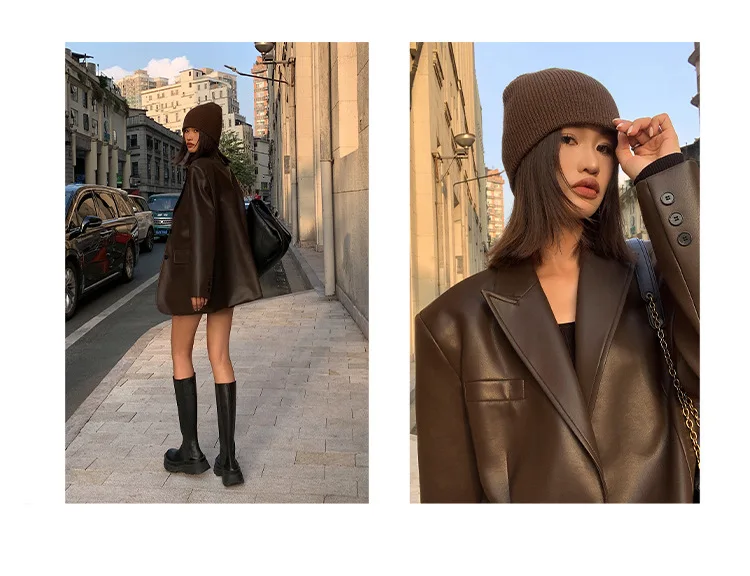 Ladies Fashion Black PU Leather Suit Jacket Spring and Autumn New High-grade Texture Solid Color Loose Small Suit Leather Woman