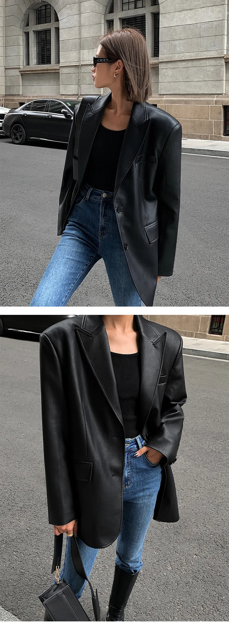 Ladies Fashion Black PU Leather Suit Jacket Spring and Autumn New High-grade Texture Solid Color Loose Small Suit Leather Woman