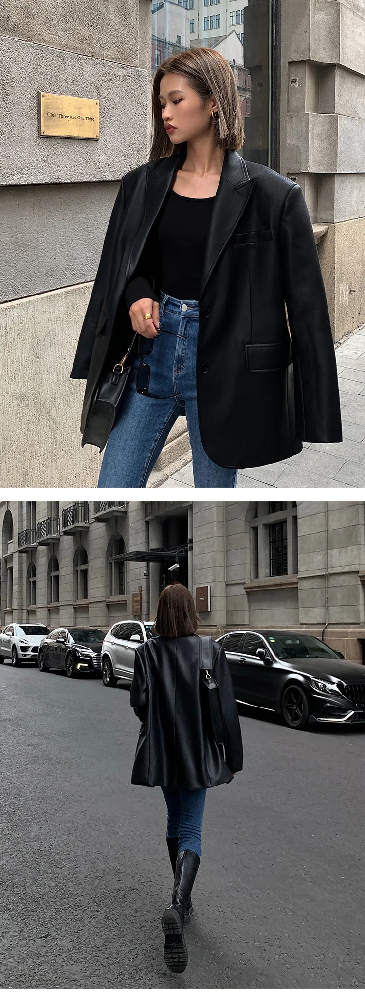 Ladies Fashion Black PU Leather Suit Jacket Spring and Autumn New High-grade Texture Solid Color Loose Small Suit Leather Woman