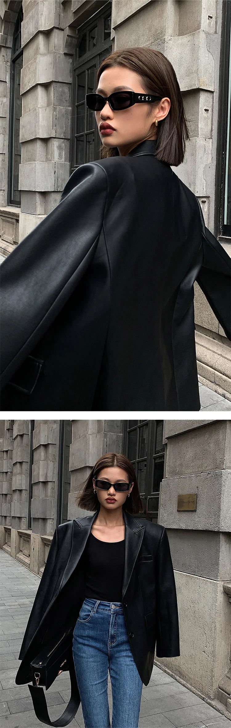 Ladies Fashion Black PU Leather Suit Jacket Spring and Autumn New High-grade Texture Solid Color Loose Small Suit Leather Woman