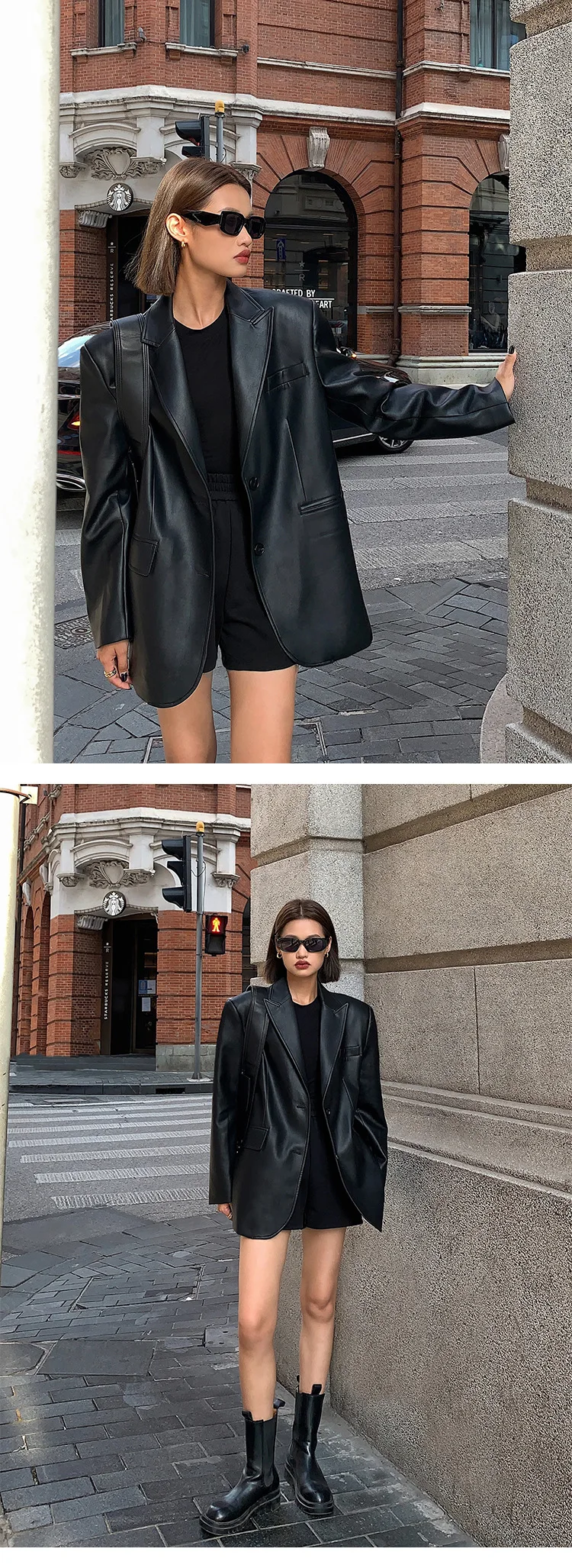 Ladies Fashion Black PU Leather Suit Jacket Spring and Autumn New High-grade Texture Solid Color Loose Small Suit Leather Woman