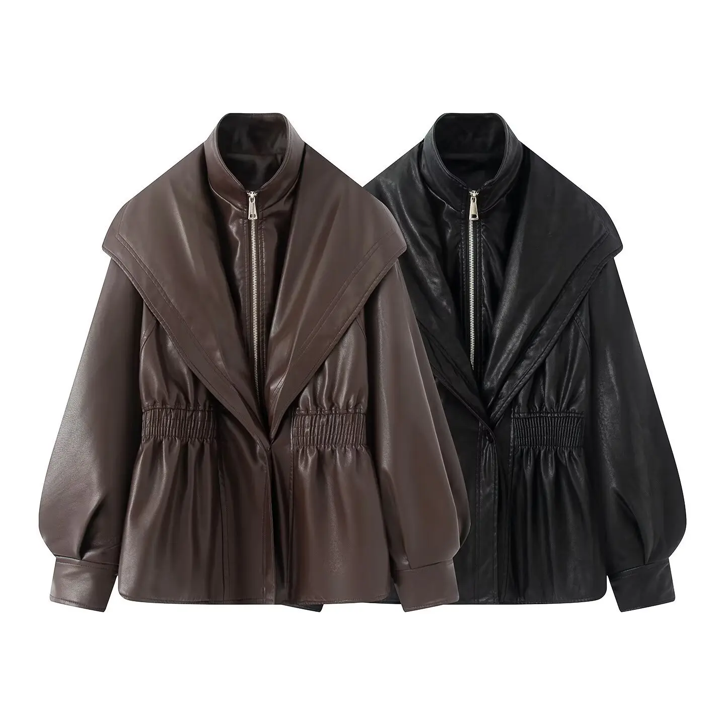 New Fall Winter High Street Warm Brown Zipper Pu Leather Jacket Women Casual Lapel Elastic Waist Cinching Coat Outwear Clothes