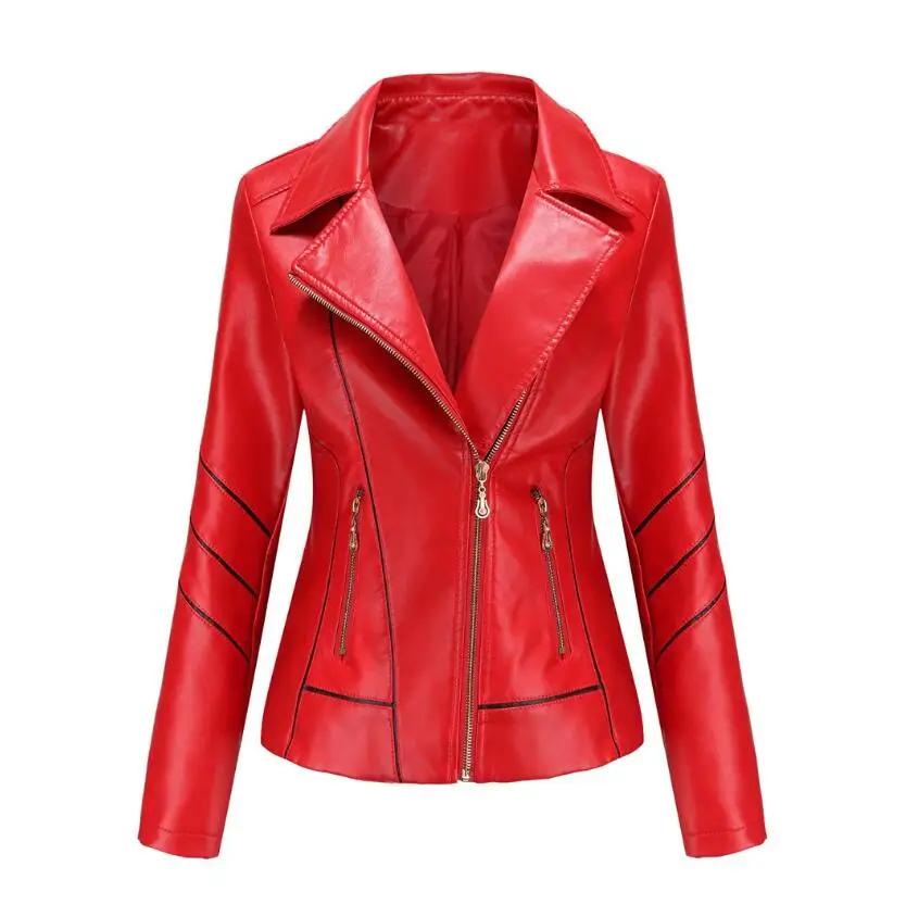 Red PU Faux Leather Jacket Women fashion Casual Biker Jackets Outwear Female Tops spring and autumn Black Leather Jacket Coat