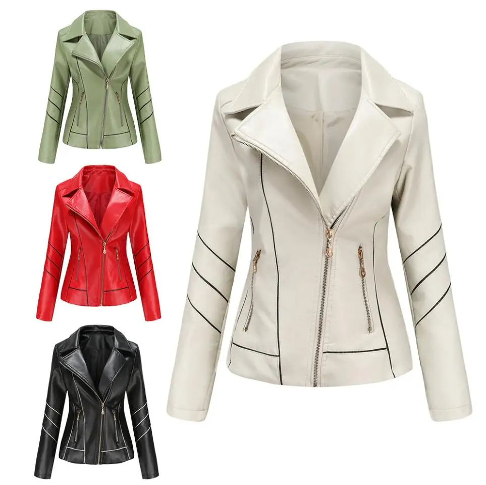 Red PU Faux Leather Jacket Women fashion Casual Biker Jackets Outwear Female Tops spring and autumn Black Leather Jacket Coat
