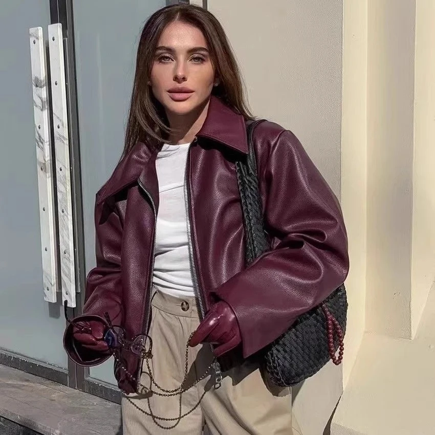 Autumn Winter Retro Leather Jacket 2025 New Women Pu Leather Jacket Short Lapel Motorcycle Loose Coat Women Biker Leather Coat